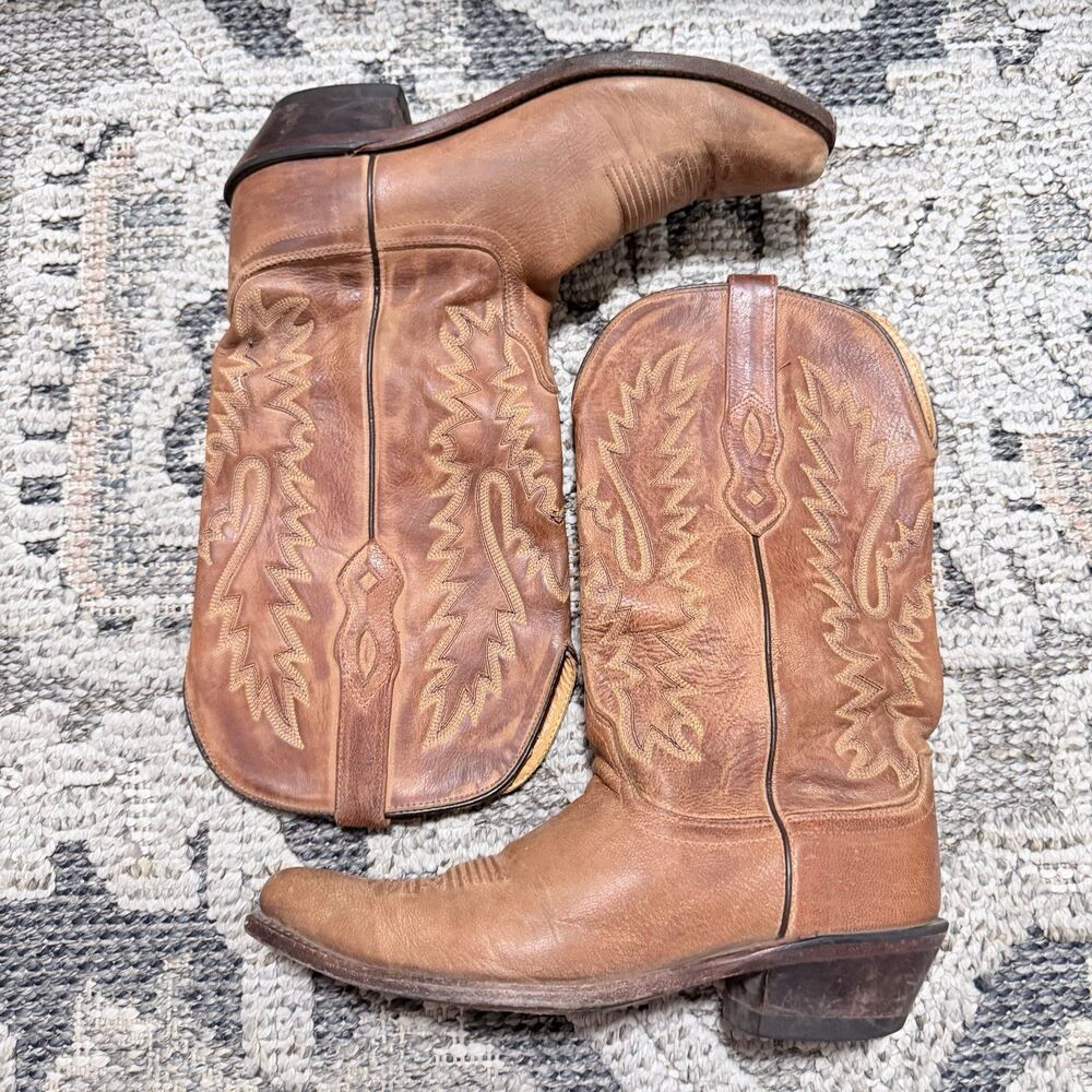 OLD WEST WOMENS COWBOY BOOTS 8.5 BROWN ANTIQUE LEATHER SNIP TOE FANCY STITCHING - Picture 2 of 7